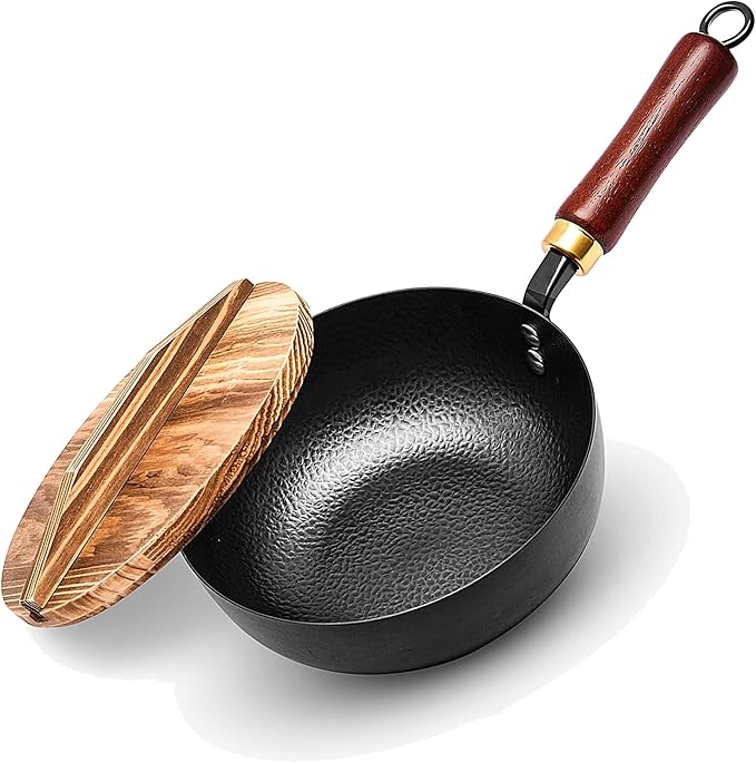 7.8 Inch Small Wok, Cold-Forged Iron Pot with Wooden Lid & Handle, 1.6 QT Sauce Pan for 1-2 Servings, Multipurpose Flat Bottom Wok for Stir-Fry, Pasta & Soup, Induction Compatible