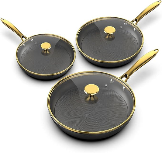 imarku Non Stick Frying Pans Set, Cast Iron Skillets 3 Pcs - 8"&10"&12", Cast Iron Pans with Lids, Dishwasher and Oven Safe, All Cooktops Compatible