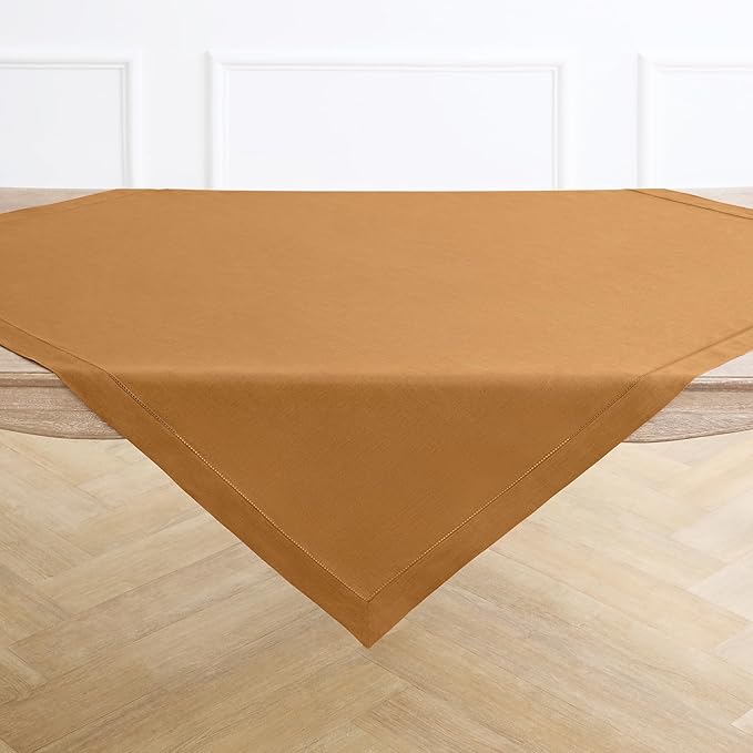 Solino Home Square Linen Tablecloth 52 x 52 Inch - 100% Pure Linen Brown Sugar Table Throw - Classic Hemstitch, Machine Washable Table Cloth