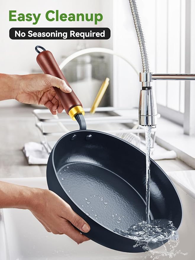 Nonstick Frying Pan, 11-Inch Enameled Carbon Steel Pan, Stay-Cool Wooden Handle Stir-Fry Pan, Non Toxic, PTFE & PFOA Free Oven-Safe, Season-Free Carbon Steel Skillet For All Stovetops
