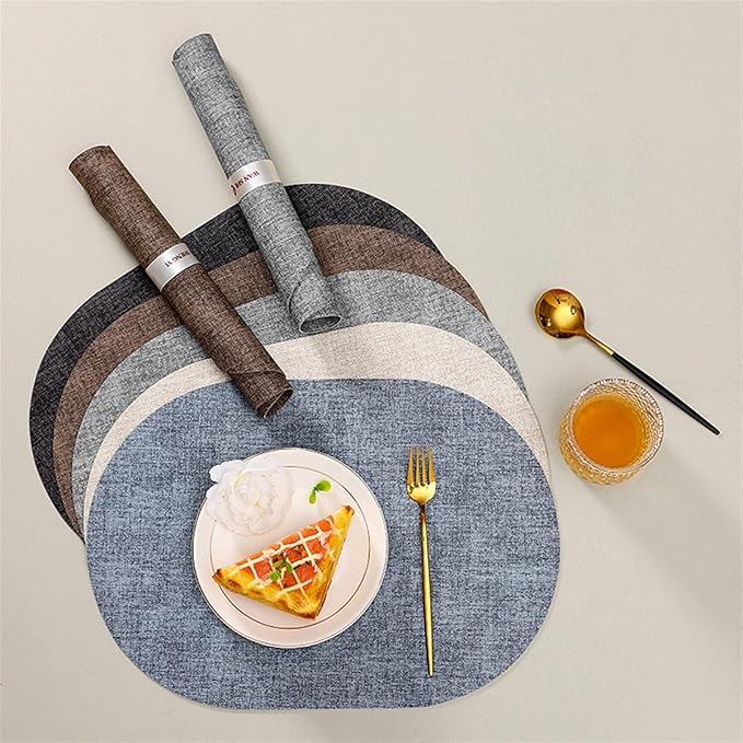 Luxury PU Oval Round Place Mats for Dining Set of 1/4 Non-Slip Coaster Leather Tableware Coffe Pads Kitchen Accessories(Vin Dark Grey,44x30cm 1pcs)