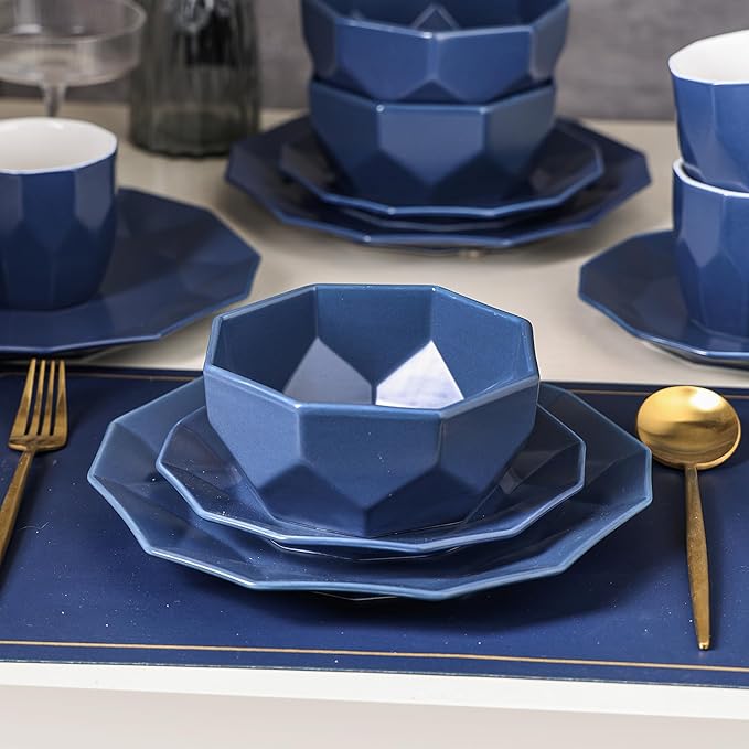 Stone + Lain Jamie Porcelain 16-Piece Geometric Dinnerware Set, Blue