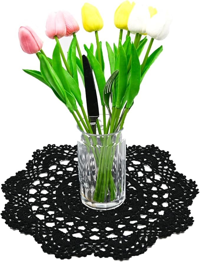 BIBITIME 2PCS Lace Table Doilies Kitchen Placemats Round Handmade Crochet Flower Cup Mug Mat Doily (13 inches to 14 inches,2PCS, Black)