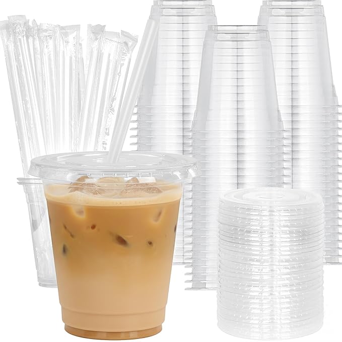 12 oz 100 Pack Disposable Clear Plastic Cups with Lids and Straws, Food Safe Bulk Iced Coffee Cups for Smoothies, Milkshakes and Other Cold Drinks