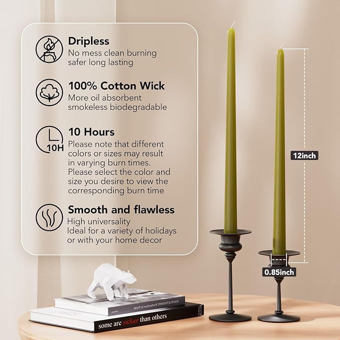 12-Inch Tall Dripless Taper Candles Set of 4 - Olive Green Tapered Candles, Perfect for Halloween - Smokeless, Unscented, Long Burning - Hand Poured, Colored Tall Candlesticks - Oliva
