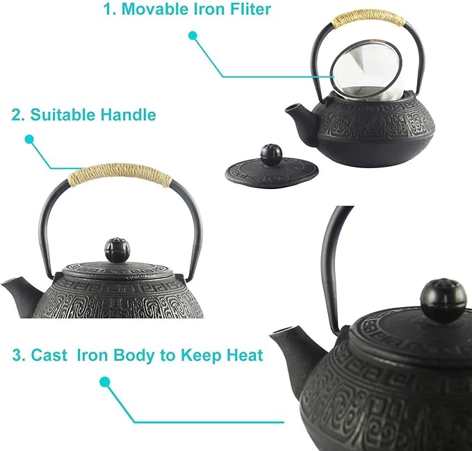 Hwagui - Chinese Cast Iron Teapot with Tea Infuser, Iron Tea Kettle Set, Benefit for Healthy(600ml/20oz)