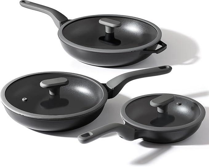 PRICUSIS 8Pcs Nonstick Frying Pan Set with Lid, 8+10+12 Inch Induction Compatible Skillet with Stay Cool Handle, Fully Coated, 100% Dishwasher Safe, PTFE & PFOA Free (Black Sesame)