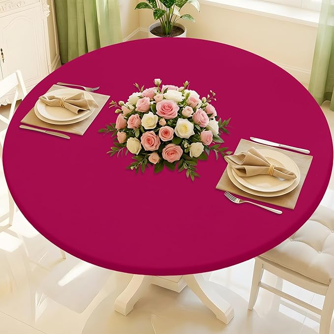 Round Spandex Tablecloth, Elastic Fitted Waterproof Tablecloths for 57"-68" Tables, Stretch Washable Picnic Table Cover for Camping, Dining, Indoor and Outdoor, Fuchsia