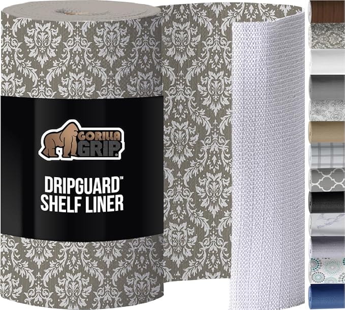 GORILLA GRIP DripGuard Shelf Liner, Non Adhesive Drawer and Kitchen Cabinet Protector, Slip Resistant BPA Free Smooth Surface Plastic Liners for Cabinets, Bathrooms, Closets, 17.5x120 Inch Beige Cream