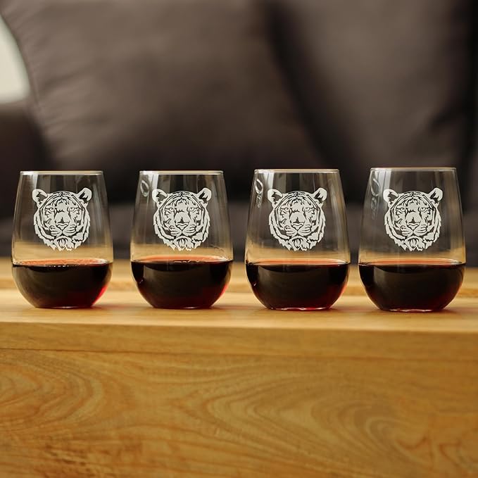 Bevvee Tiger Face Stemless Wine Glass - Tiger Themed Decor and Gifts for Animal Lovers - Set of 4 - Large 17 Oz Glasses