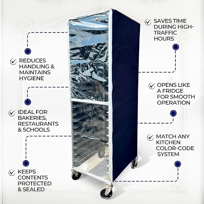 Bakery Food Pan Sheet Rack Cover – Heavy Duty PVC Vinyl Zippered Bun Pan Rack Cover – Long-lasting Use Durable Cover with 2 Zippers – Made in USA (Navy, 23"W x 28"L x 61"H)