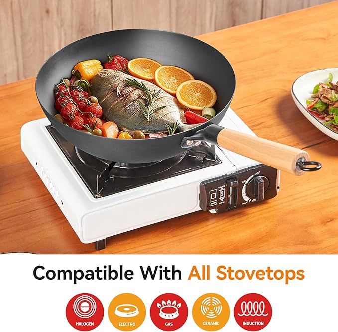 11.8 Inch Carbon Steel Wok, Flat Bottom Stir Fry Pan with Glass Lid, Uncoated High-Purity Iron Wok for Family Meals, Compatible with Gas, Electric & Induction Cooktops
