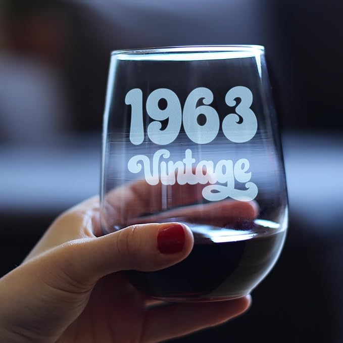 Bevvee Vintage 1963 Stemless Wine Glass - 63rd Birthday Gifts for Women & Men Turning 63 - Bday Party Decor - Set of 4 - Large 17 oz