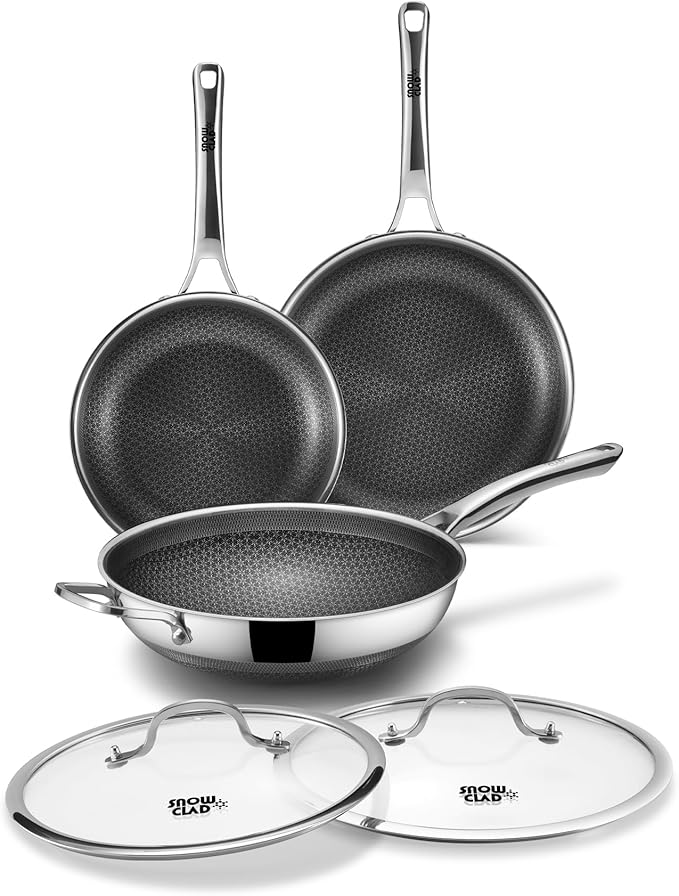 3-Piece Hybrid Stainless Steel Cookware Set-12 Inch Wok with Lid,10 Inch Frying Pan,12 Inch Skillet with Lid-Non Stick,PFOA Free,Dishwasher&Oven Safe,Induction Compatible,Cookware Set.