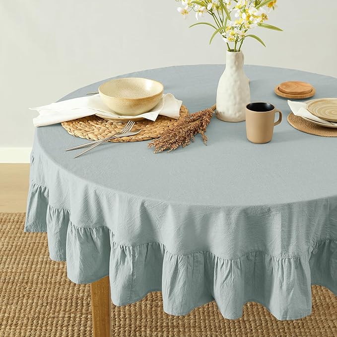 MONDAY MOOSE Ruffle Farmhouse Rustic Round Natural Stonewashed Cotton Tablecloth for Kitchen, Dining Room, Restaurant (60" Round, Slate Blue)