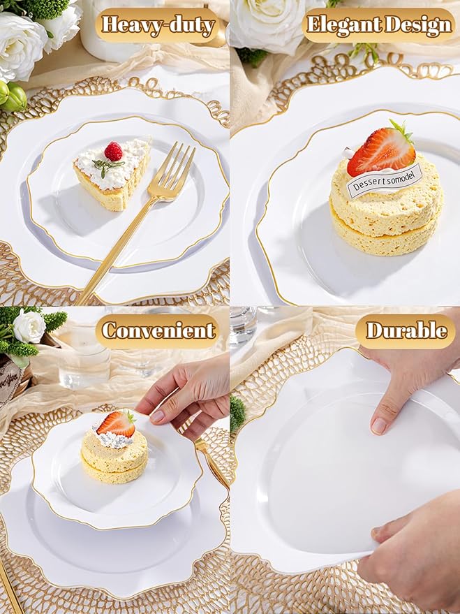 WDF 350PCS White and Gold Plastic Plates - Gold Plates Disposable 50Guest Plastic Dinnerware Ideal for Party/Wedding/Birthday/Valentine's Day