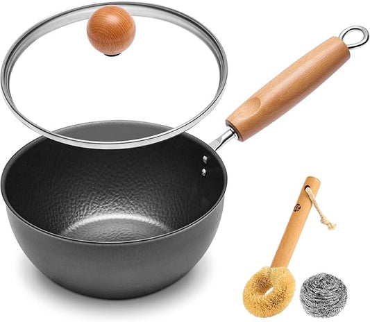 WANGYUANJI 7.1 Inch Hammered Iron Saucepan with Glass Lid, Removable Beechwood Handle, Small Milk Pot for Boiling, Simmering, Heating – Non-Coated, Stovetop Compatible