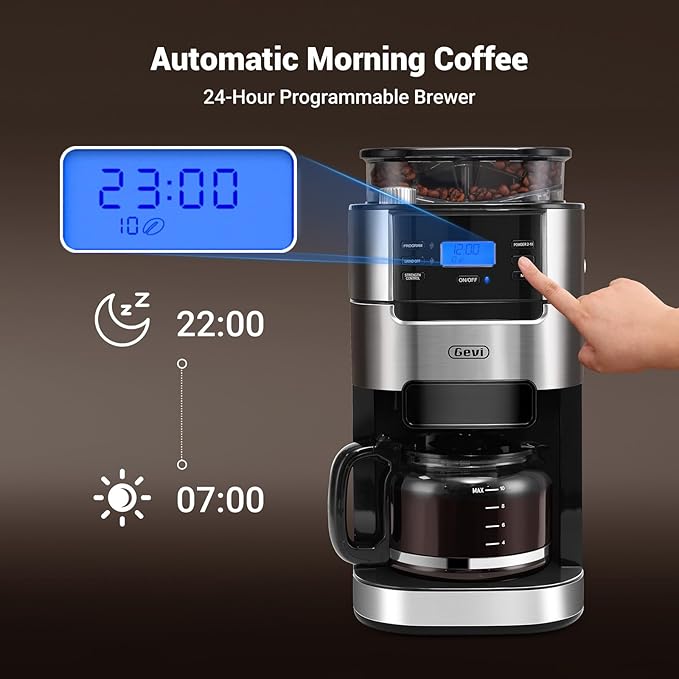 Gevi 10-Cup Drip Coffee Maker with Built-in Burr Grinder & Programmable Timer, 1.5L Water Tank, Auto Keep-Warm, Reusable Filter - Fresh Ground Coffee Machine (Black)