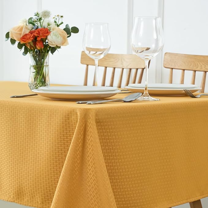 maxmill Tablecloth Weaved Texture Stain Resistant Waterproof, Wrinkle Resistant Washable Table Cloth, Fabric Table Cover for Dining Room, Indoor Outdoor Use, Rectangle 60 x 120 Inch, Ochre Yellow