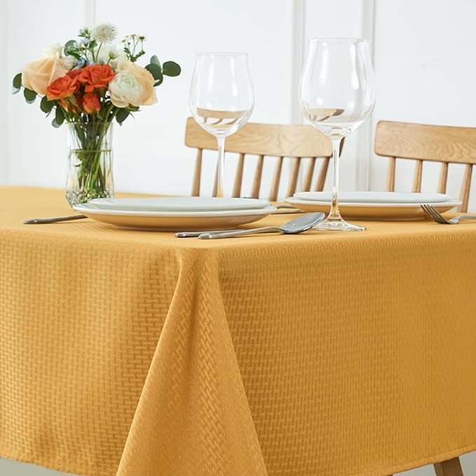 maxmill Weaved Texture Tablecloth Water Resistance Antiwrinkle Spillproof Soft Washable Table Cloth for Dining Room, Buffet Banquet Parties Holiday Dinner, Rectangular 70 x 108 Inch, Ochre Yellow