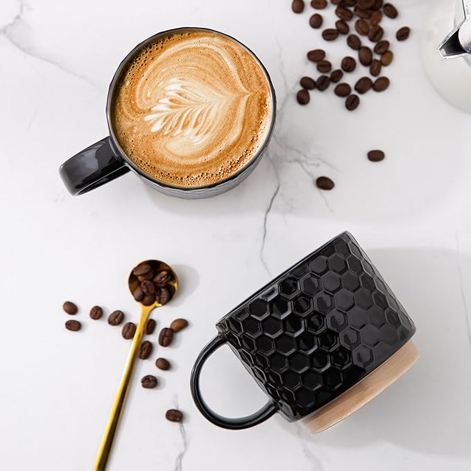 GBhome 12OZ Stackable Coffee Mugs, Ceramic Coffee Mugs with Texture Patterns for Man,Woman,Dad,Mom, Modern Coffee Mugs Set of 4 for Latte/Cappuccino/Cocoa. Dishwasher&Microwave Safe, Black
