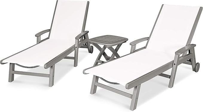 Polywood® Coastal 3-Piece Wheeled Chaise Set in Slate Grey/White Sling