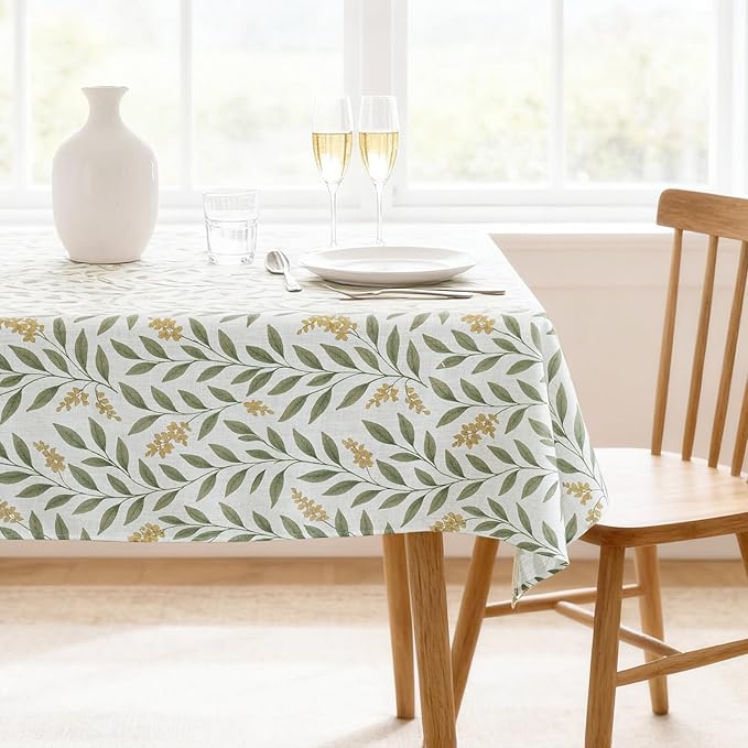 H.VERSAILTEX Linen Table Cloths Floral Printed Tablecloth Spill-Proof Waterproof Table Cover for Dining Buffet Feature Soft and Thick Fabric Wrinkle Free, 60 x 104 Inch, Adela Botanical Motif - Sage