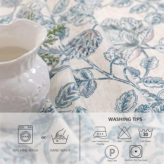 MYSKY HOME Waterproof Tablecloth Rectangle 60x84 Inch Rustic Burlap Tablecloth Spring Floral Linen Table Cover Farmhouse Decoration Rectangle/Oblong for Holiday, Dinner, Indoor and Outdoor Use, Blue