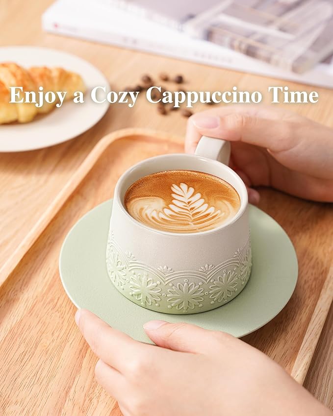 ZENS 7.3 Ounce Cappuccino Mug Set of 2, Artistic Embossed Ceramic Cappuccino Cups with Saucers for Cafe Matcha, Double Espresso Cups Set of 2 for Au Lait or Tea, Coffee Lovers Gifts, Pale Green