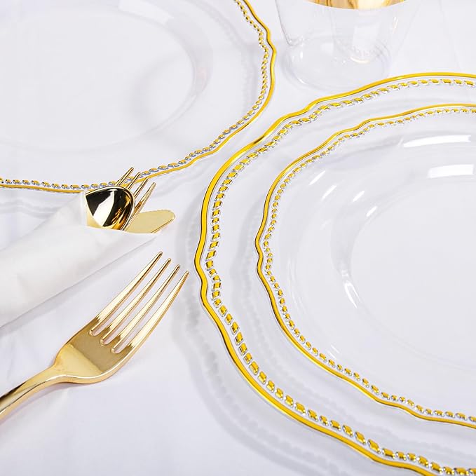 Hioasis 175pcs Clear Gold Plastic Plates - Gold Plastic Dinnerware Set Includes 25 Dinner Plates, 25 Dessert Dinnerware, 25 Cups, 25 Napkins Perfect for Wedding & Party