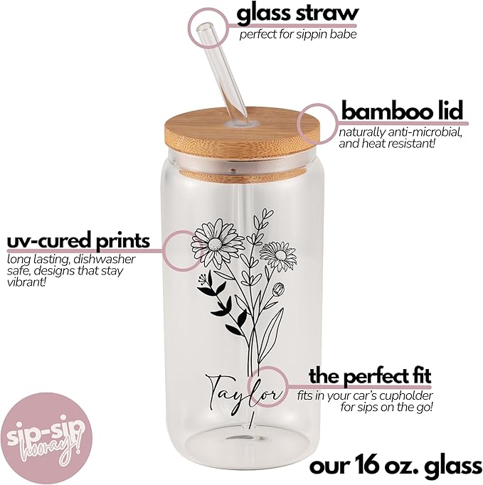 Sip-Sip Hooray! Personalized Birth Flower Glass Cup with Lid & Straw, 16oz Custom Name Mason Jar Tumbler, Dishwasher Safe Iced Coffee Cup, Floral Bridesmaid or Birthday Gift for Women, Glass Straws
