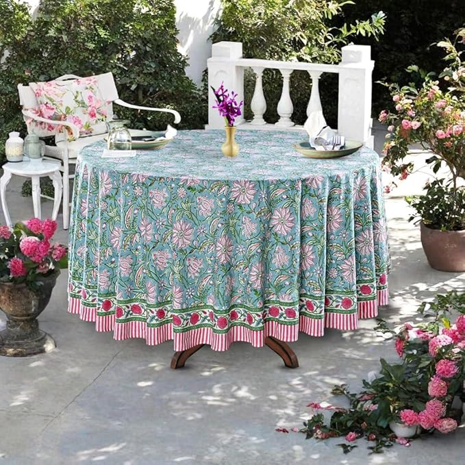 Ridhi Block Print Round Turquoise Blue Reusable Tablecloth 100% Cotton 110" Inch Decorative Table Cover eveyday Dining, Home, Party, Wedding, Farmhouse Gift for Spring, Easter, Valentine