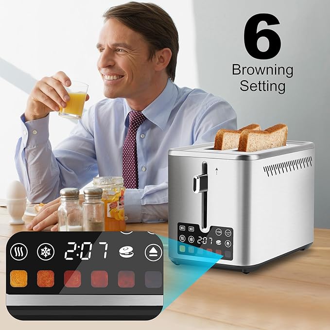 Touch Screen Toaster 2 Slice, Bagel Toaster with LCD Display, Stainless Steel Smart Digital Toasters with +15s Boost,Dual Memory Functions,Toasters with 6 Shade Settings & Extra-Wide Slots,900W