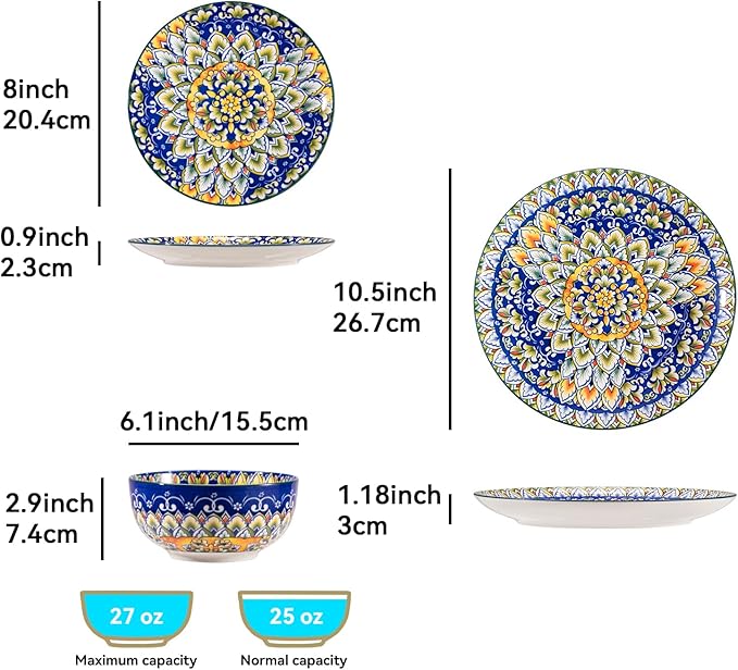 Sweejar Ceramic Dinnerware Sets for 4,12 Pieces Boho Plates and Bowls for Kitchen,Housewaring Gift,Bohemian Style Dish Set,Dishwasher and Microwave Safe(Colorful)