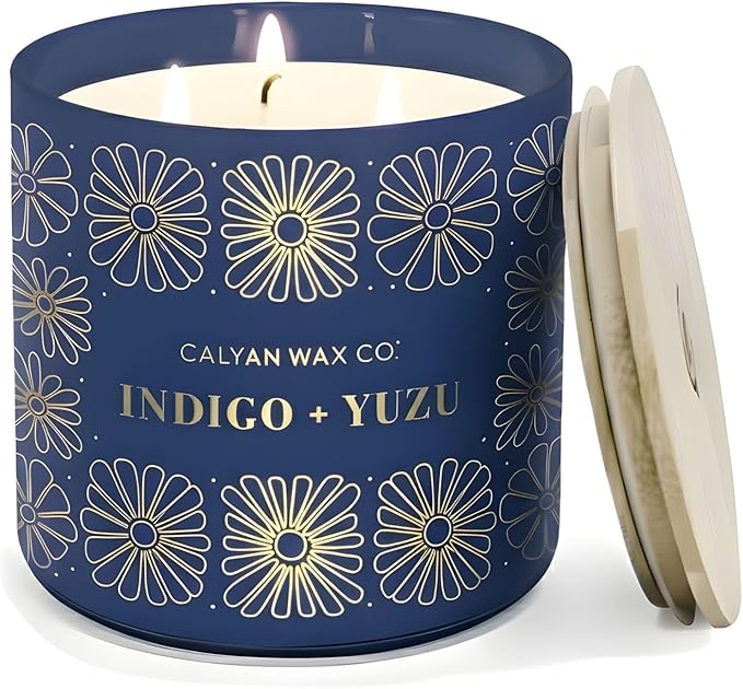 Calyan Wax Co. Indigo & Yuzu 3 Wick Scented Candle - 43 Hour Burn - Luxury 3 Wick Soy Candles - Non Toxic Soy Wax Candles - Long Lasting Large Glass Jar Candle for Home - 14.9oz