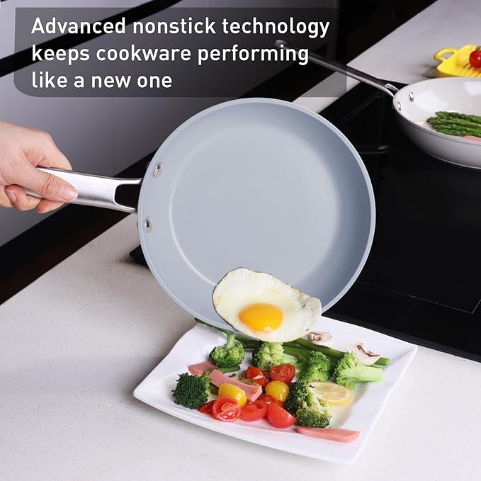 MsMk Ceramic Nonstick 8-inch, 9.5-inch and 11-inch Frying Pan Set, No PFAS & PTFE & PFOA, Stainless Steel Handle, Dishwasher & Oven Safe
