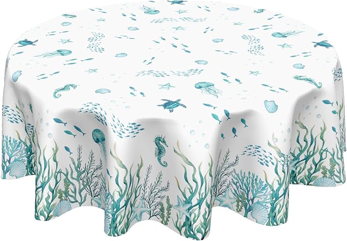 Summer Coastal Round Tablecloth 60 Inch Nautical Sea Turtle Seaweed Jellyfish Polyester Table Cloth Rustic Farmhouse Beach Theme Table Cover for Kitchen Dinner Party Decor