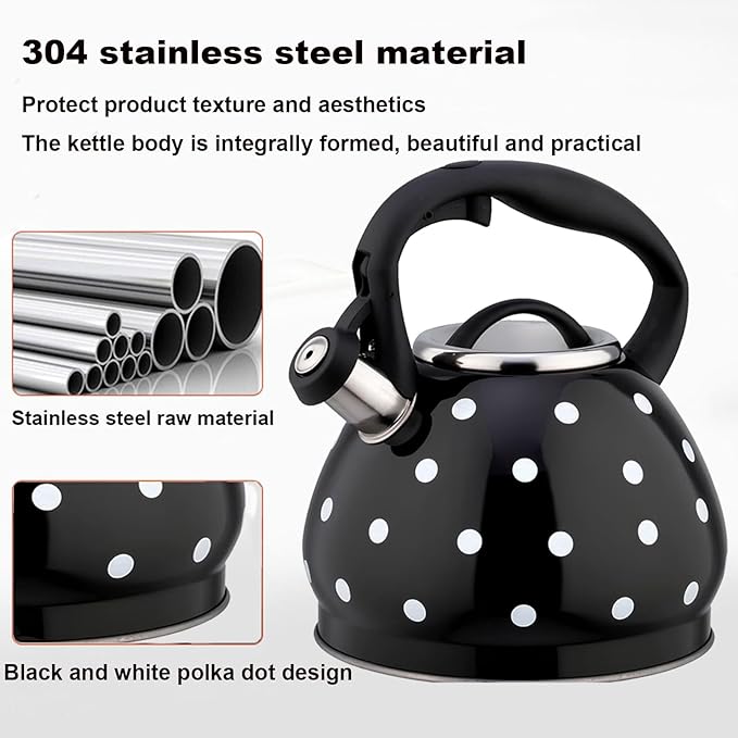 Polka Dot Tea Kettle Stovetop - 3.2 Quart Stainless Steel Whistling Kettle, Vintage Black & White Design, Gas & Electric Stove Safe, Induction
