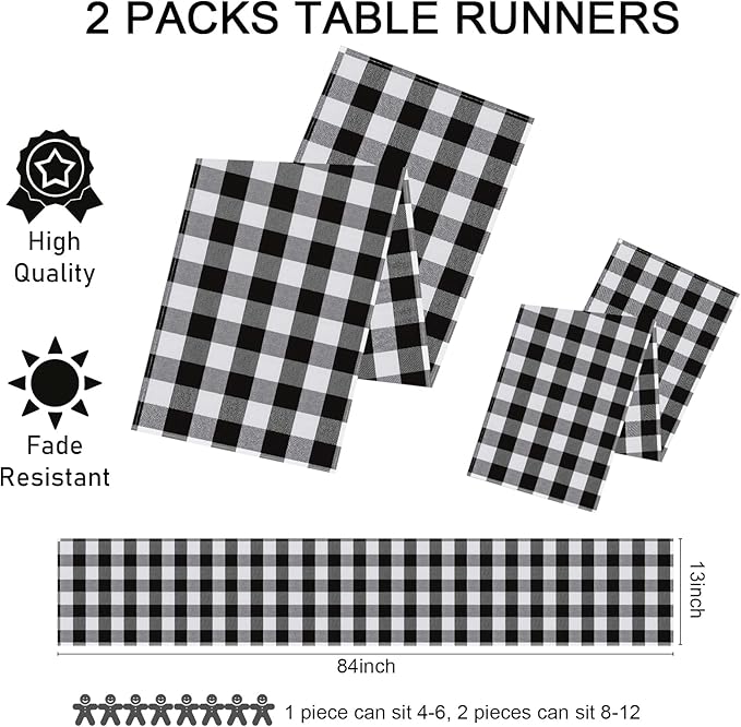 Buffalo Plaid Table Runners 2 Packs 13x84 Inches Black and White Check Table Runner Fall Thanksgiving Table Runners for Parties