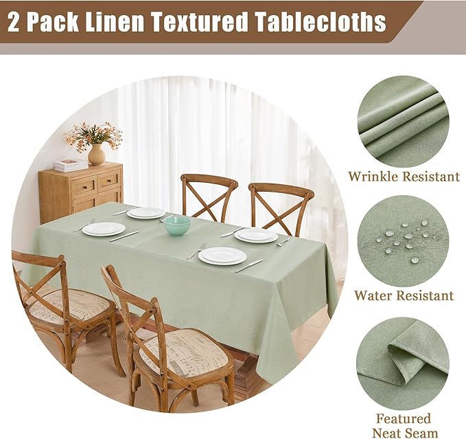 Faux Linen Tablecloths for Rectangle Tables, 2 Pack Burlap Textured Table Cloths Washable Farmhouse Table Cover Water Resistant for Dining, Wedding, Outdoor(Sage Green, 60"×104")