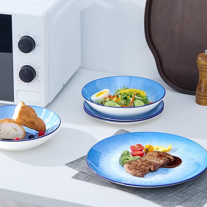 Bestone Porcelain Dinnerware Sets Service for 4, 12 pcs Hand drawn Plates and Bowls Sets, Handmade Ceramic Dish Set, Chip Resistant Modern Plate Set, Dishwasher/Microwave Safe，Starburst blue