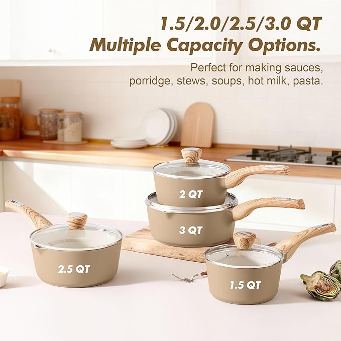 SENSARTE 2.0 & 3.0 Quart Ceramic Sauce Pan Sets with Lid, Cooking Pots Set, Nonstick Saucepan Set with Pour Spout, Small Kitchen Pot, Non toxic Saucepot, Induction Comptable, PFOA PTFE PFAS PFOA Free