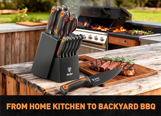 Knife Block Set -15 PCS Dishwasher Safe Kitchen Knife Set, High Carbon Stainless Steel, Razor-Sharp knives set with sharpener, Non-Slip Handles, Elegant Box for Christmas,Black