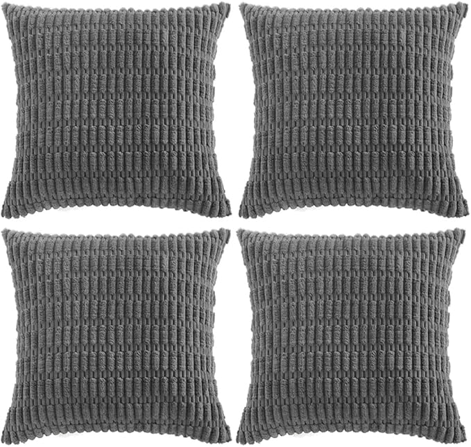 Fancy Homi 4 Packs Dark Grey Decorative Throw Pillow Covers 16x16 Inch for Living Room Couch Bed, Rustic Modern Farmhouse Boho Home Decor, Soft Plush Corduroy Cute Square Accent Cushion Case 40x40 cm