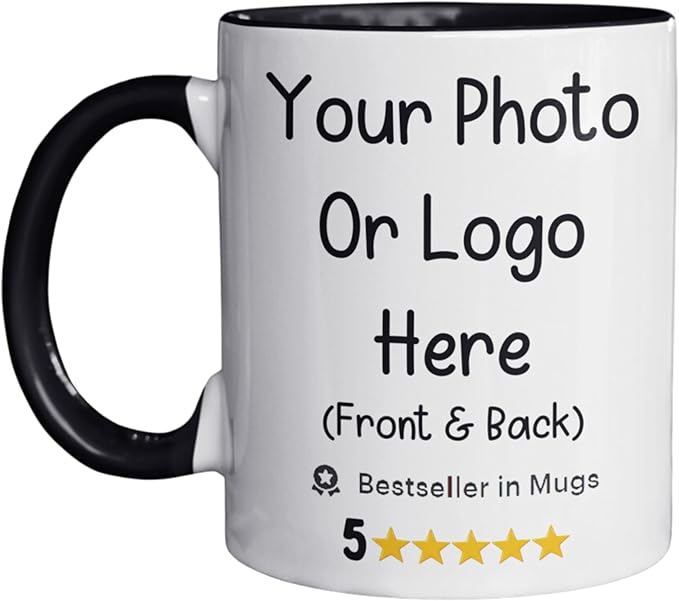 Personalized Coffee Mug, Custom Text, Photo or Company Logo Ceramic Mug, Customized 11oz Coffee or Tea Mug, Personalized Gift with Picture and or Text (White with Black Handle and Inside)