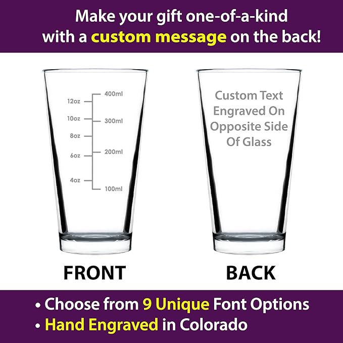 Custom Mixing Glass Measuring Cup - Pint Glass for Bar - Engraved Measurement Lines for Cocktails & Portion Control - Ounces and Metric - 16 oz