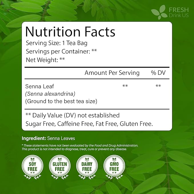 FreshDrinkUS, Premium 135 Senna Leaf Tea Bags for Constipation, Supports Your Cardiovascular System, 100% Natural & Pure. Loose Leaf Senna Herbal Tea, Made with Natural Material Tea Bags. Non GMO, No Sugar/ Caffeine/ Gluten, Vegan.