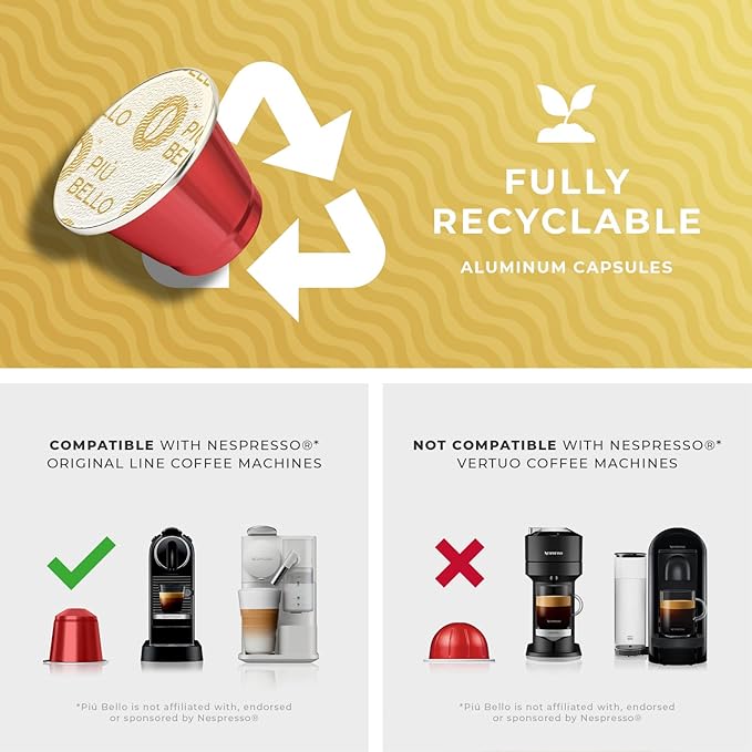 Piu Bello Coffee Pods - Nespresso Machine (Original) Compatible Capsules Pack - Rich & Balanced Taste - Strong Italian Espresso Flavored - Kosher Certified (120 Count Single Flavor) (Bogota)