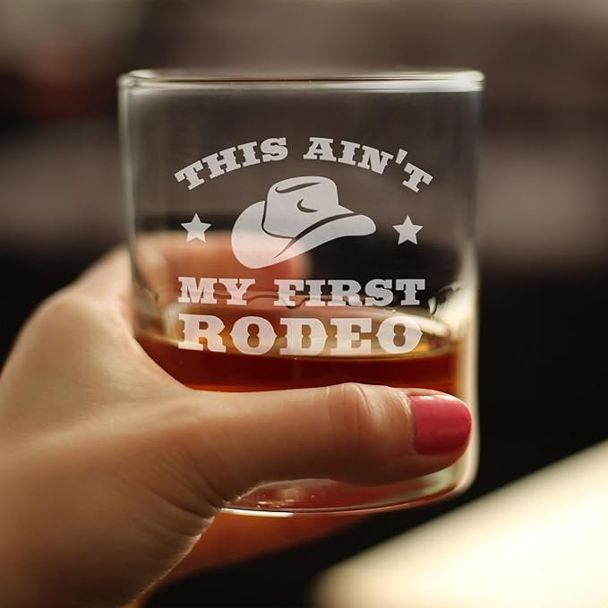 Bevvee Ain't My First Rodeo - Whiskey Rocks Glass Gift - Funny Cowboy or Cowgirl Gifts for Men & Women - Set of 2 - Engraved Sayings