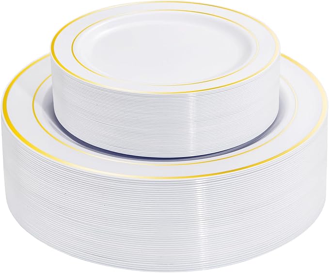 I00000 60 Pieces Gold Plastic Plates, Heavy Duty White and Gold Plastic Plates for 30 Guests Include: 30 Gold Rim Dinner Plates and 30 Gold Dessert Plates Perfect for Wedding & Party
